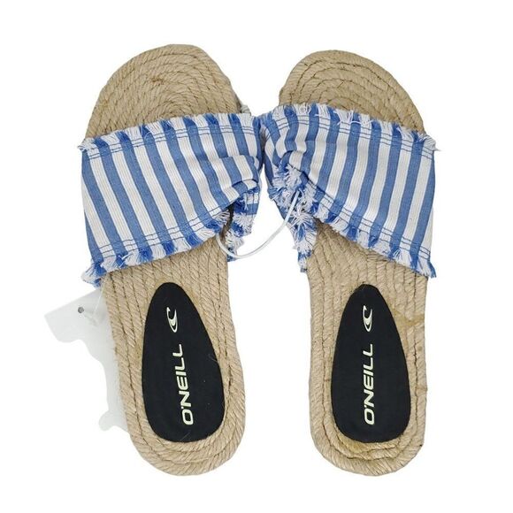 NEW O'Neill Slip On Slide Espadrille Sandals Sz 6 Blue White Stripe Jute Sole - Picture 1 of 2